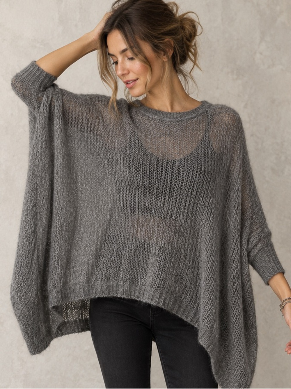 🩶 Zara Gray Alpaca Wool Blend Open Knit Cape Poncho Sweater M